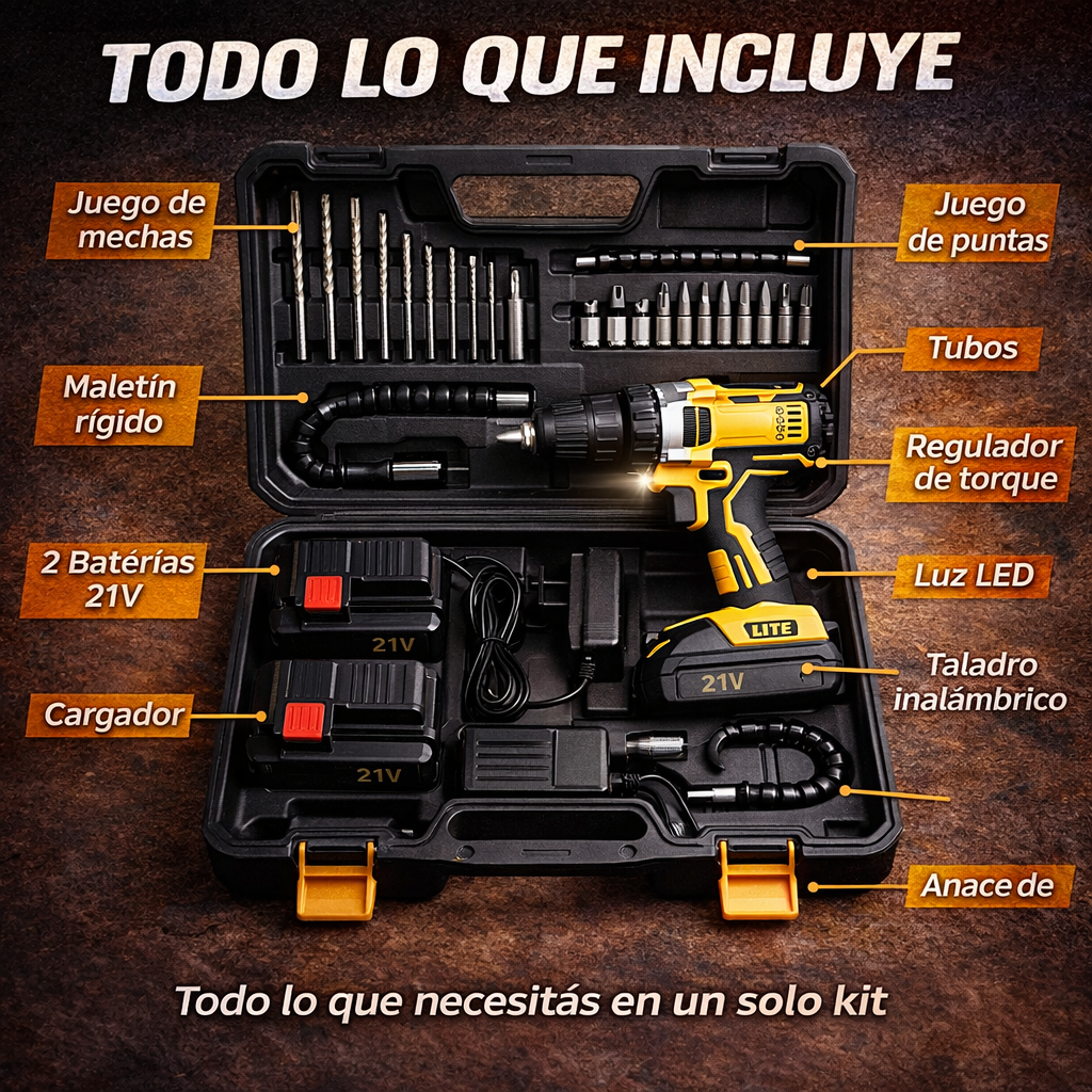 [PROMO] Taladro Inalambrico Industrial - 2 baterías + maletín + accesorios 🔥 Tienda